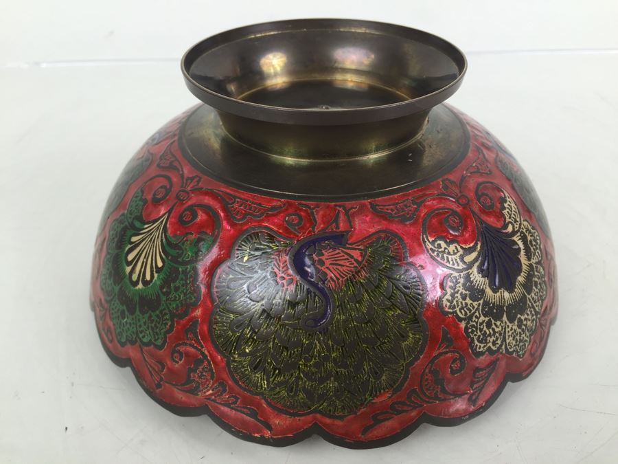 Vintage India Brass Bowl Painted Peacock Red Green Gold Blue [Photo 3]