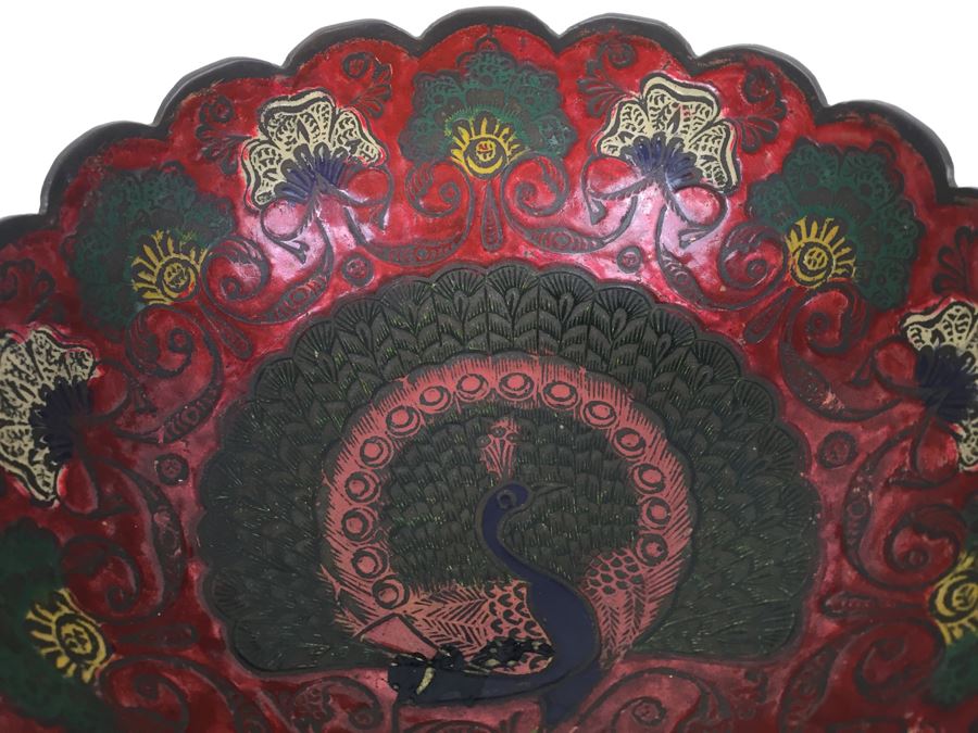 Vintage India Brass Bowl Painted Peacock Red Green Gold Blue [Photo 6]