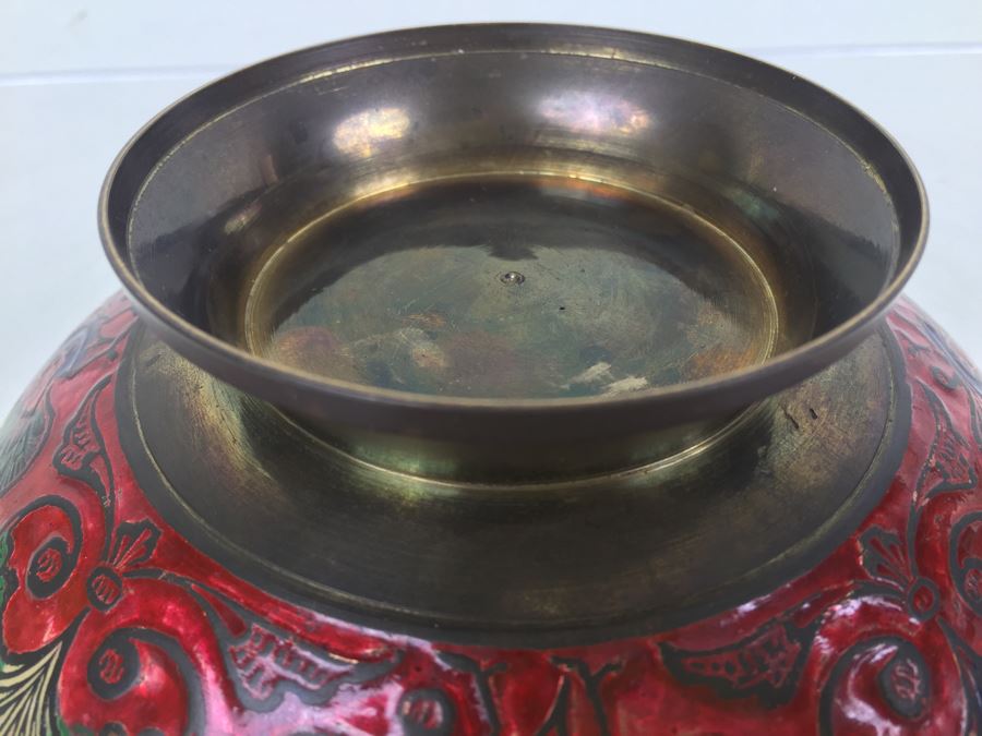 Vintage India Brass Bowl Painted Peacock Red Green Gold Blue [Photo 9]