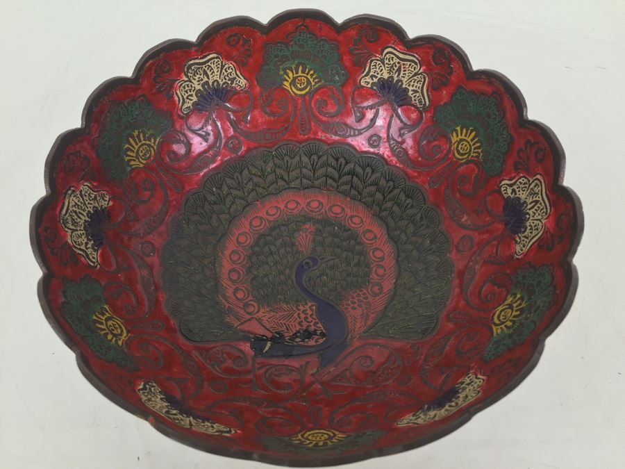Vintage India Brass Bowl Painted Peacock Red Green Gold Blue