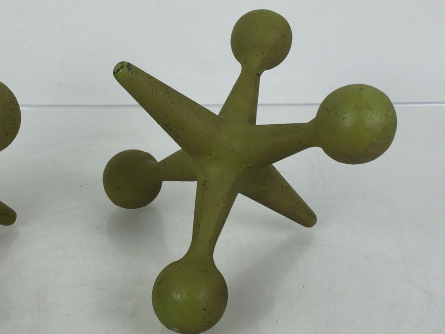 Pair Of Large Cast Iron Jacks Sculptures Bookends Doorstop Painted Lime Green [Photo 6]