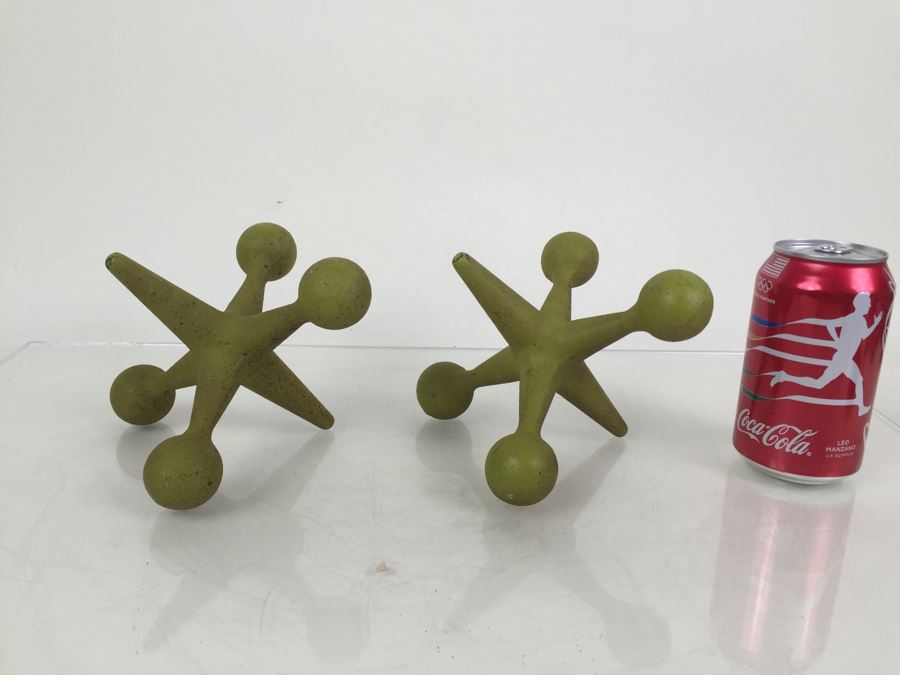 Pair Of Large Cast Iron Jacks Sculptures Bookends Doorstop Painted Lime Green