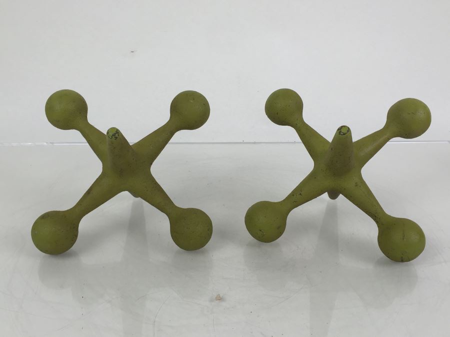 Pair Of Large Cast Iron Jacks Sculptures Bookends Doorstop Painted Lime Green [Photo 8]