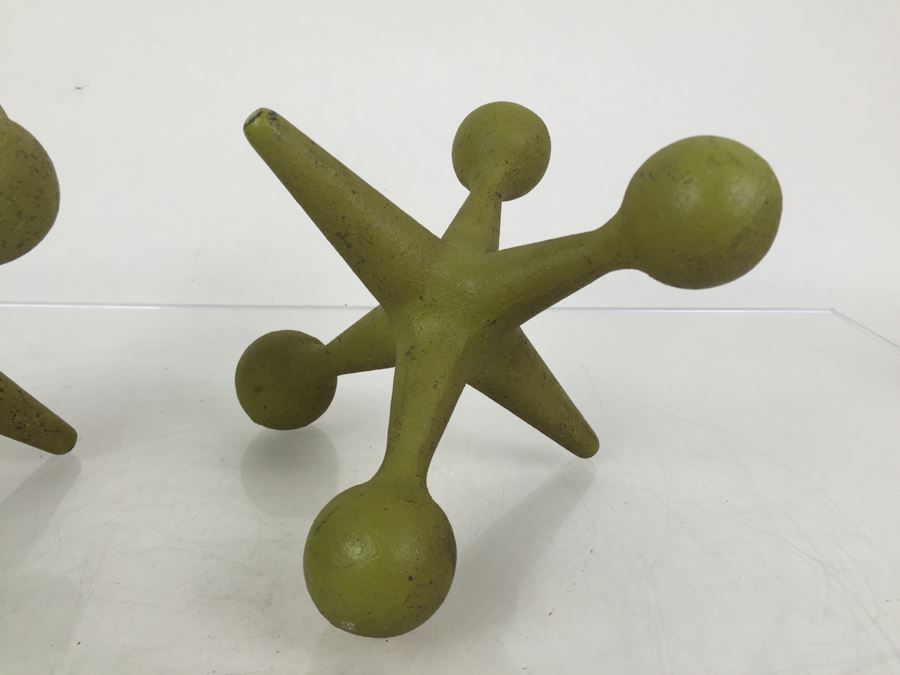 Pair Of Large Cast Iron Jacks Sculptures Bookends Doorstop Painted Lime Green [Photo 4]