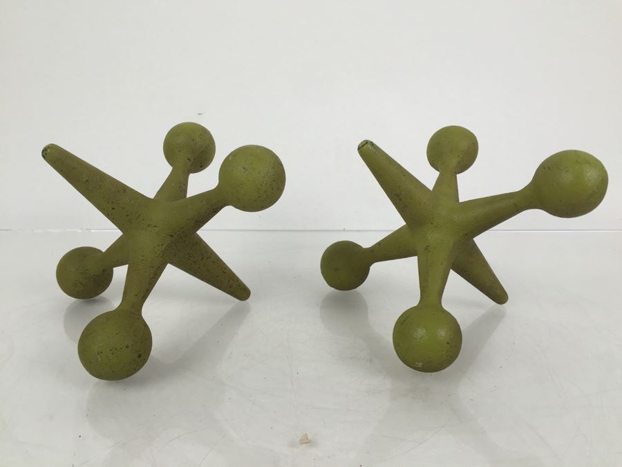 Pair Of Large Cast Iron Jacks Sculptures Bookends Doorstop Painted Lime Green [Photo 2]