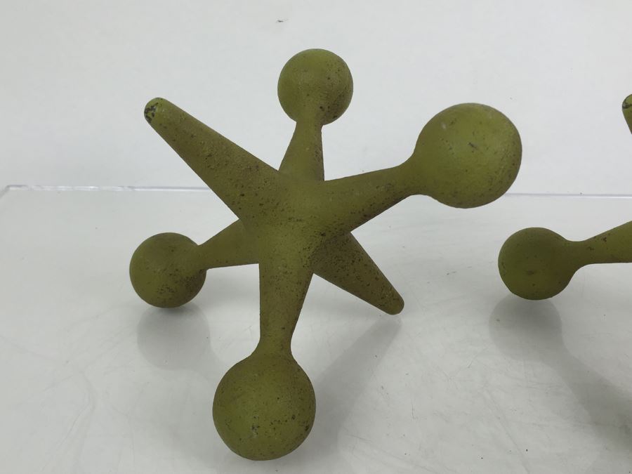 Pair Of Large Cast Iron Jacks Sculptures Bookends Doorstop Painted Lime Green [Photo 7]