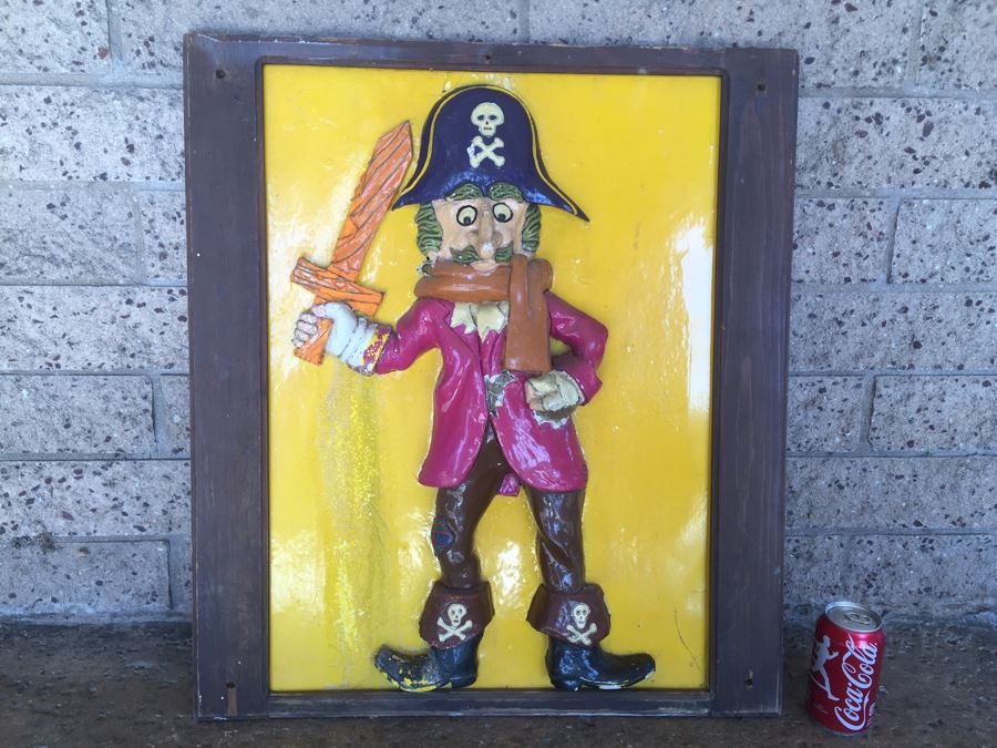 Very RARE Vintage 1972 McDonalds Captain Crook Fiberglass Framed Wall Plaque Pirate With Wooden Sword In Relief By Alfred Gordon Designs