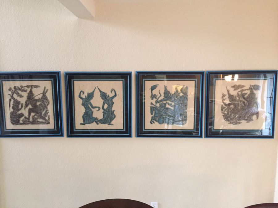 Set Of 4 Nicely Matted And Framed Vintage Thai Rubbings
