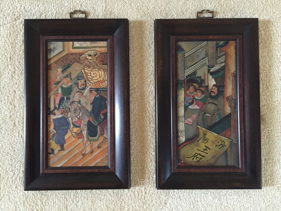 Vintage Pair Of Framed Asian Original Paintings On Board