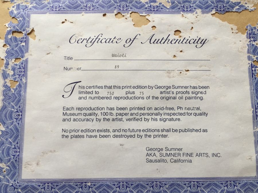 George Sumner 'Waioli' Nicely Framed Lithograph On Paper Hand Signed Limited Edition 89 Of 750 With Certificate Of Authenticity Retails $2,000 [Photo 13]