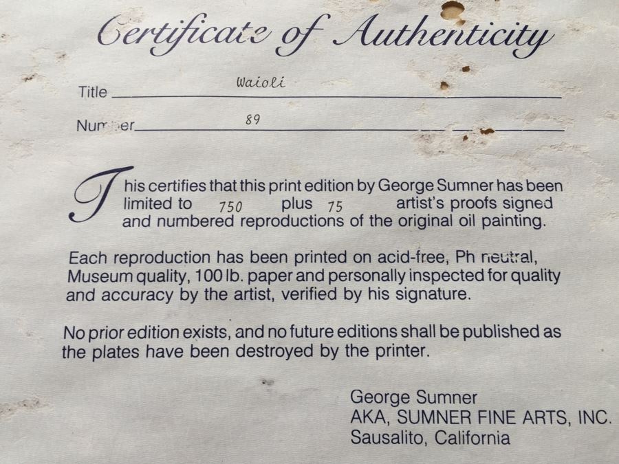 George Sumner 'Waioli' Nicely Framed Lithograph On Paper Hand Signed Limited Edition 89 Of 750 With Certificate Of Authenticity Retails $2,000 [Photo 14]