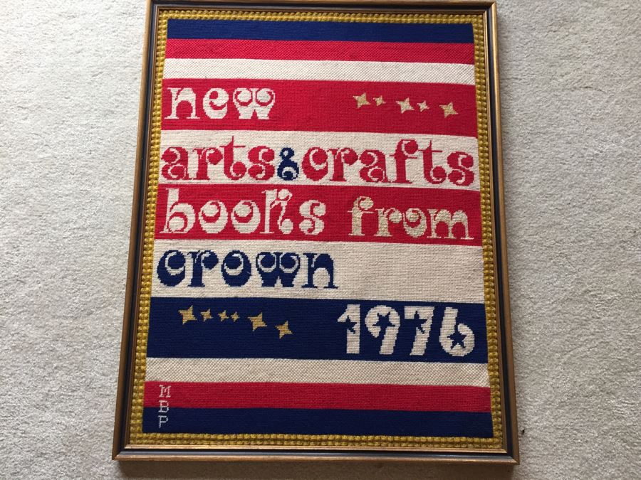 1976 Original Needlepoint Framed Book Promotion Needlepoint Advertisement For Marion Broome Pakula's Crown Publishing Book Tour