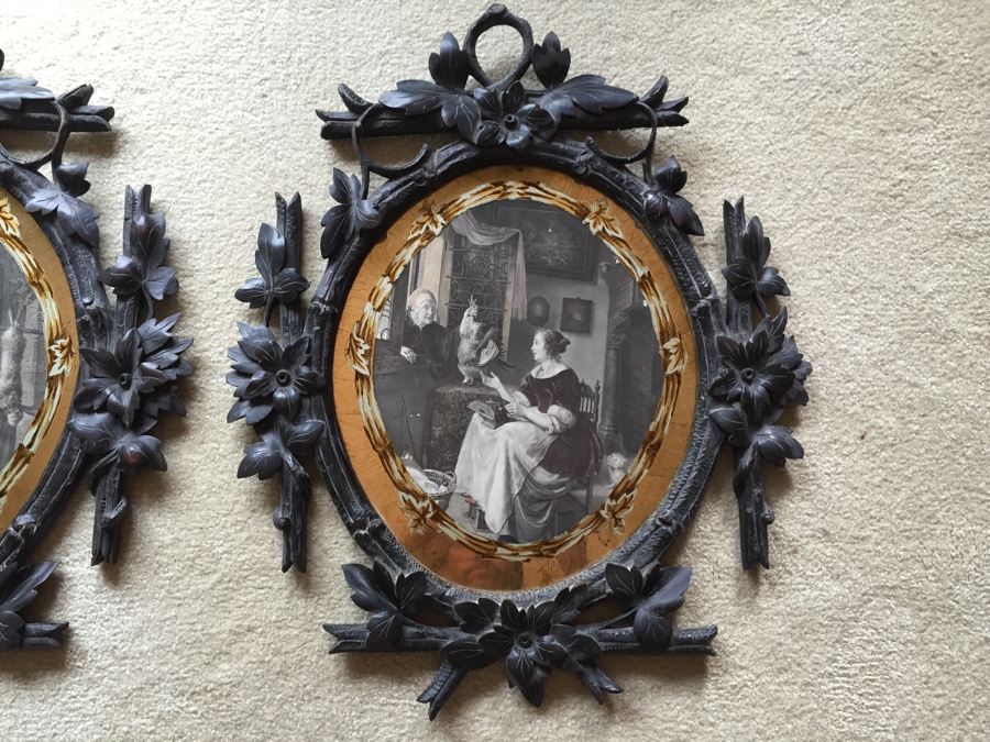 Antique Pair Of Stunning Black Forest Hand Carved Wooden Frames With Reverse Painted Glass Engravings [Photo 2]