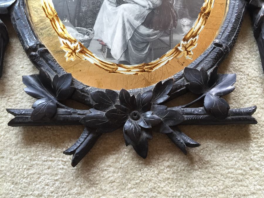 Antique Pair Of Stunning Black Forest Hand Carved Wooden Frames With Reverse Painted Glass Engravings [Photo 9]