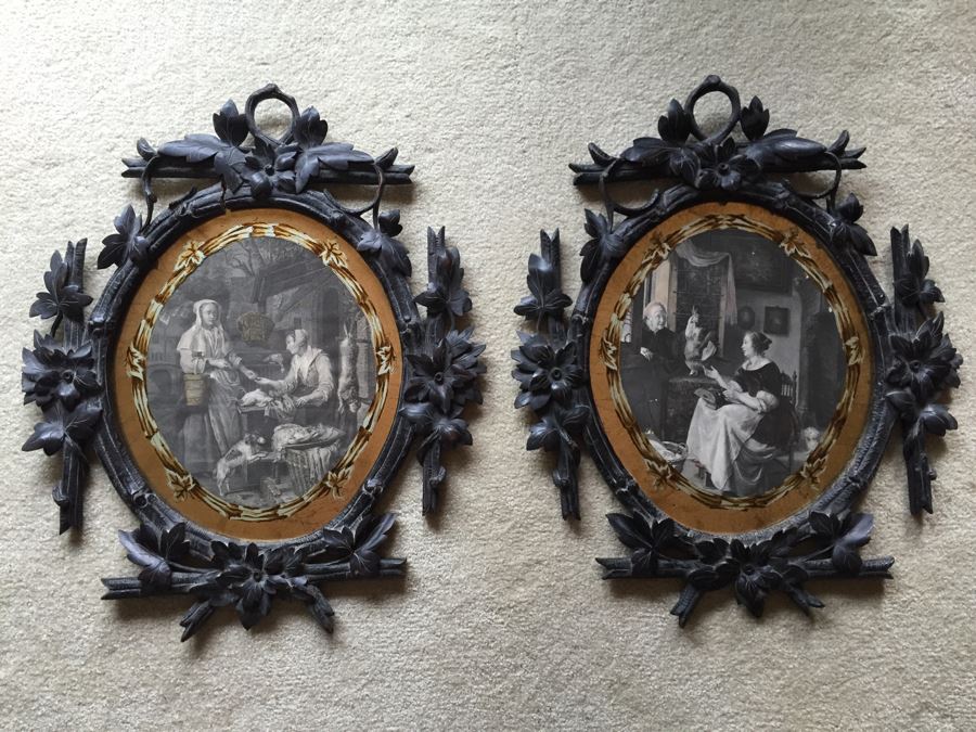 Antique Pair Of Stunning Black Forest Hand Carved Wooden Frames With Reverse Painted Glass Engravings