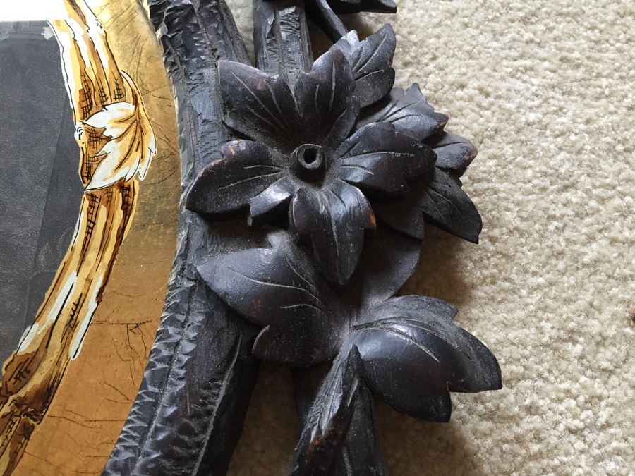 Antique Pair Of Stunning Black Forest Hand Carved Wooden Frames With Reverse Painted Glass Engravings [Photo 12]