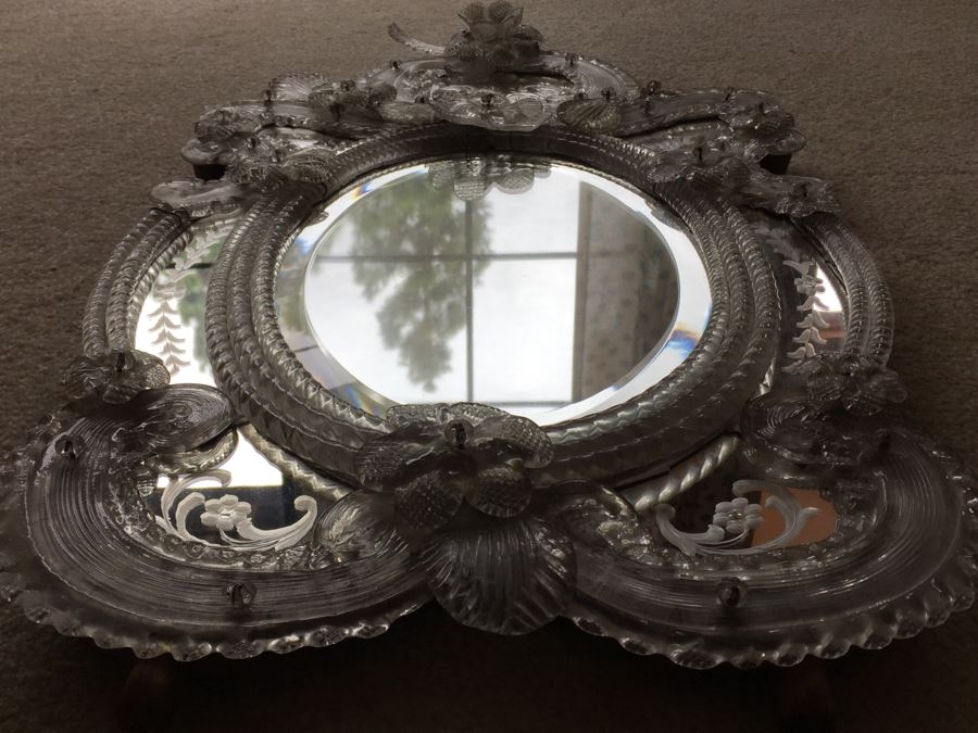 Magnificent Hand Etched Vintage Italian Venetian Wall Mirror Lap Carried Back From Italy [Photo 16]