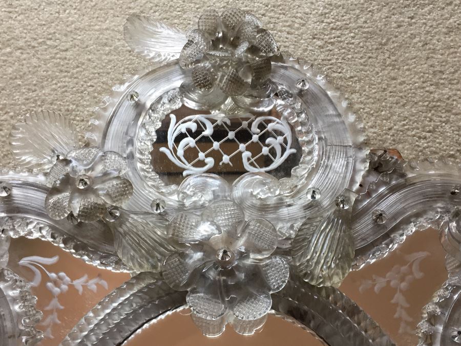 Magnificent Hand Etched Vintage Italian Venetian Wall Mirror Lap Carried Back From Italy [Photo 4]