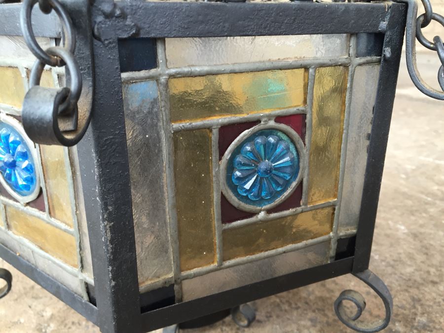 Wrought Iron And Stained Glass Hanging Light Fixture [Photo 6]