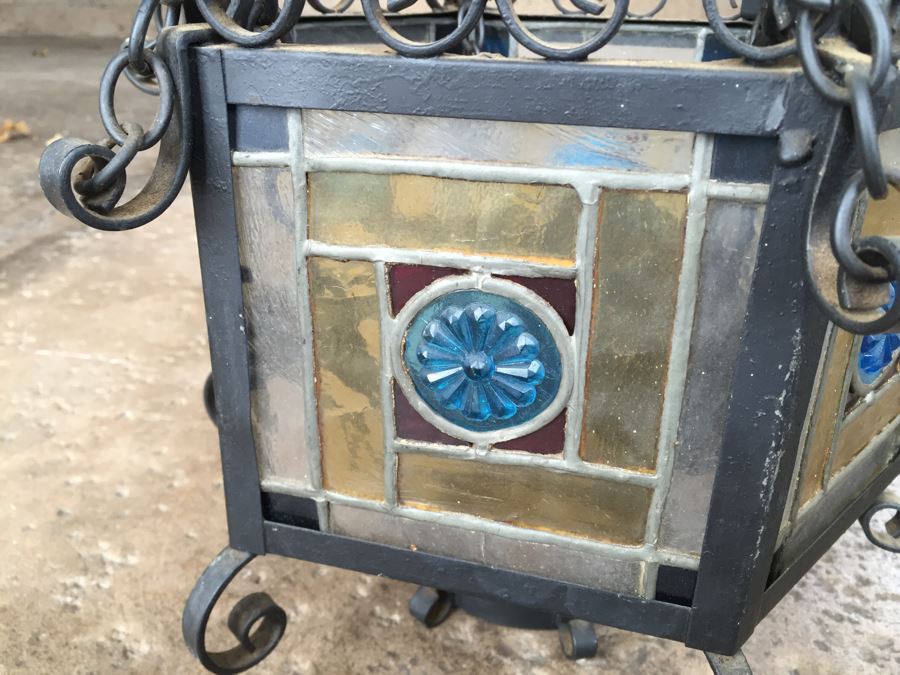 Wrought Iron And Stained Glass Hanging Light Fixture [Photo 5]