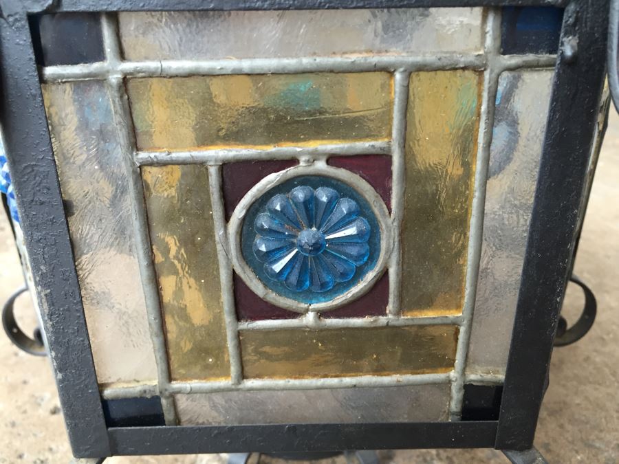 Wrought Iron And Stained Glass Hanging Light Fixture [Photo 3]