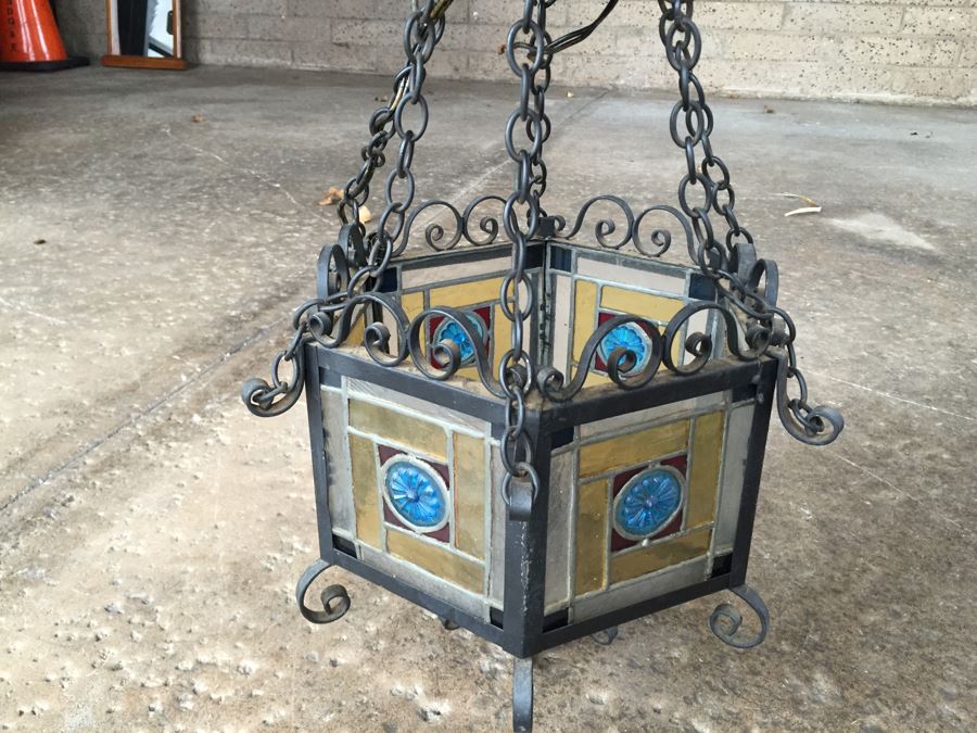 Wrought Iron And Stained Glass Hanging Light Fixture [Photo 9]