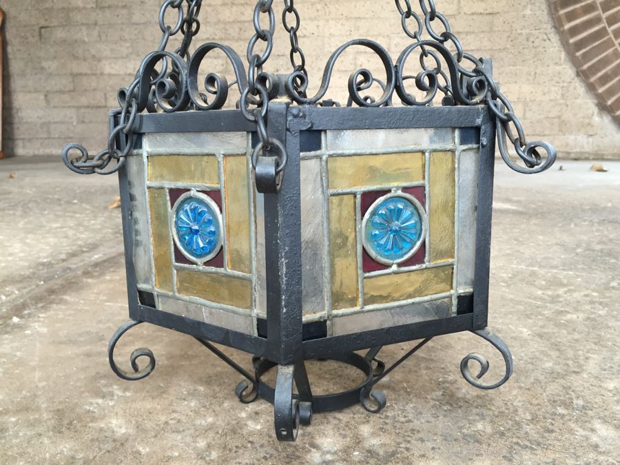 Wrought Iron And Stained Glass Hanging Light Fixture [Photo 13]