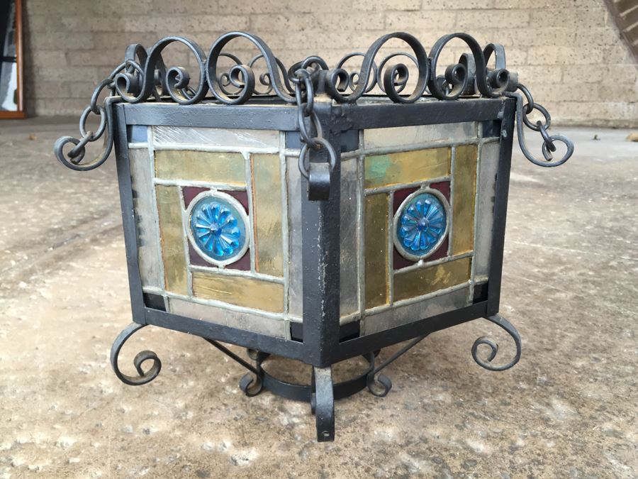 Wrought Iron And Stained Glass Hanging Light Fixture [Photo 2]