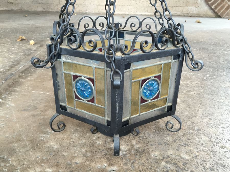 Wrought Iron And Stained Glass Hanging Light Fixture [Photo 11]