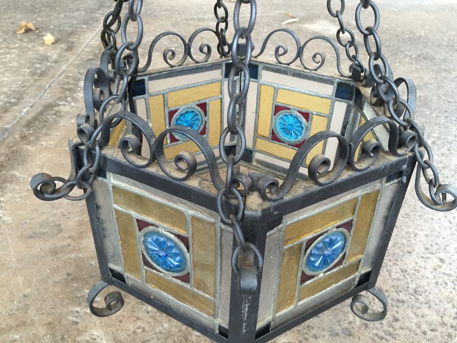 Wrought Iron And Stained Glass Hanging Light Fixture [Photo 12]