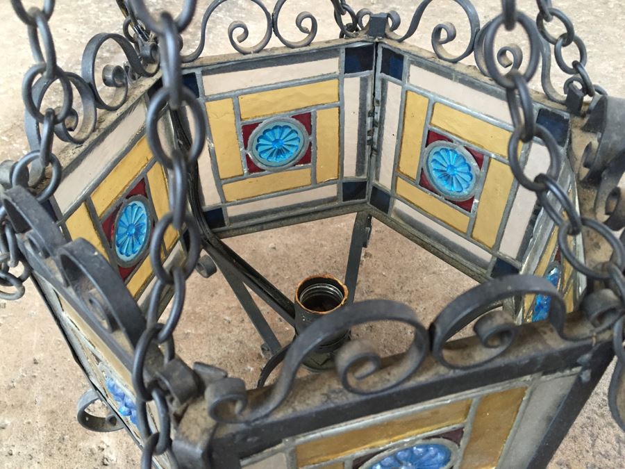 Wrought Iron And Stained Glass Hanging Light Fixture [Photo 14]