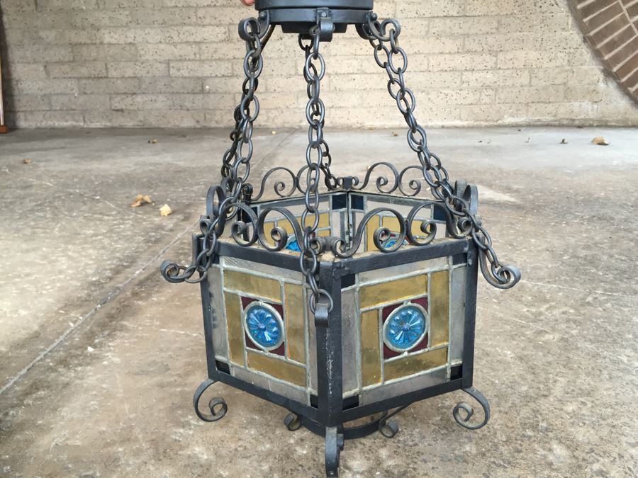 Wrought Iron And Stained Glass Hanging Light Fixture [Photo 1]