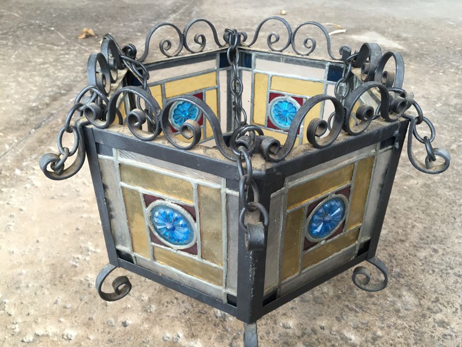 Wrought Iron And Stained Glass Hanging Light Fixture [Photo 4]