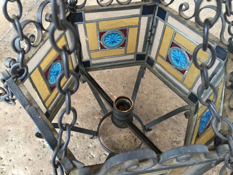 Wrought Iron And Stained Glass Hanging Light Fixture [Photo 15]