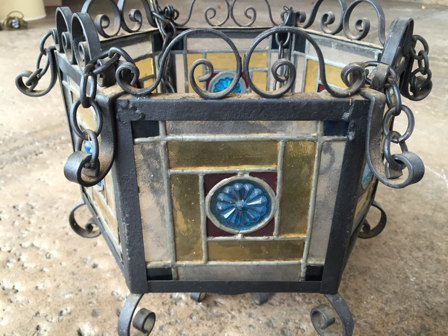 Wrought Iron And Stained Glass Hanging Light Fixture [Photo 7]