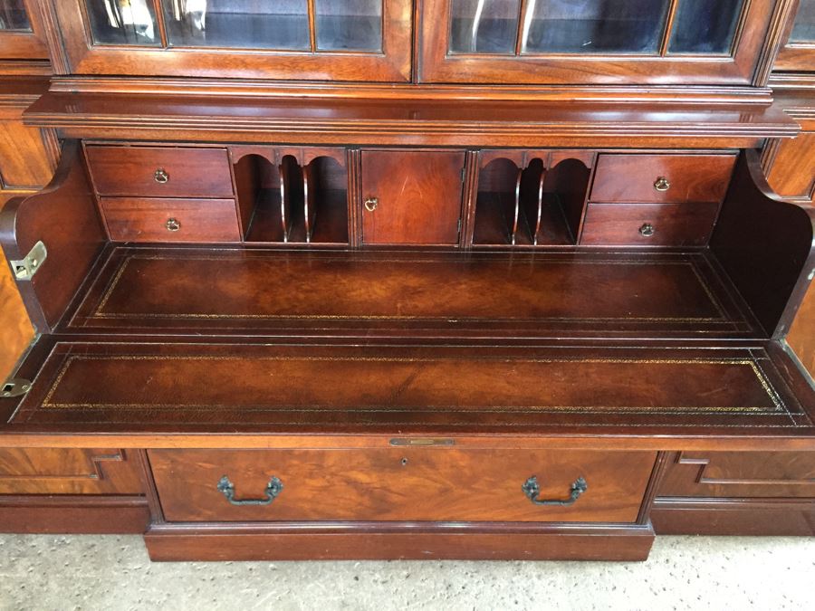 Stately Breakfront Bookcase With Bubble Glass Kaplan Furniture 'Beacon Hill Collection' With Pull Out Leather Top Secretary Desk [Photo 6]