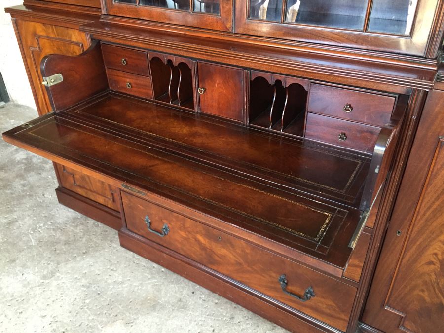 Stately Breakfront Bookcase With Bubble Glass Kaplan Furniture 'Beacon Hill Collection' With Pull Out Leather Top Secretary Desk [Photo 7]