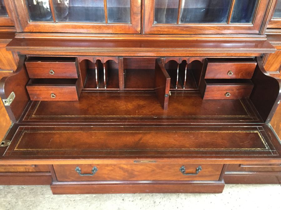 Stately Breakfront Bookcase With Bubble Glass Kaplan Furniture 'Beacon Hill Collection' With Pull Out Leather Top Secretary Desk [Photo 8]