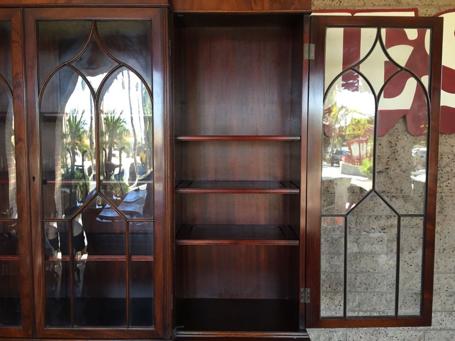 Stately Breakfront Bookcase With Bubble Glass Kaplan Furniture 'Beacon Hill Collection' With Pull Out Leather Top Secretary Desk [Photo 14]