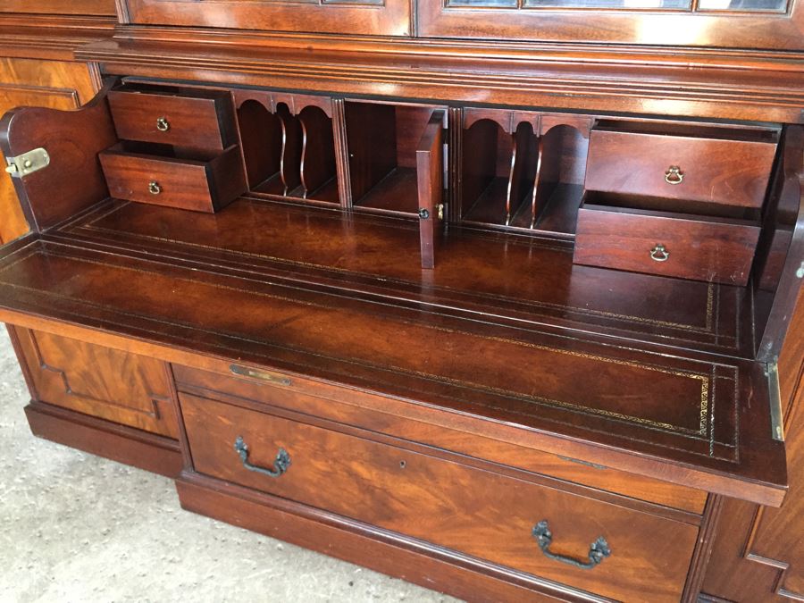 Stately Breakfront Bookcase With Bubble Glass Kaplan Furniture 'Beacon Hill Collection' With Pull Out Leather Top Secretary Desk [Photo 9]