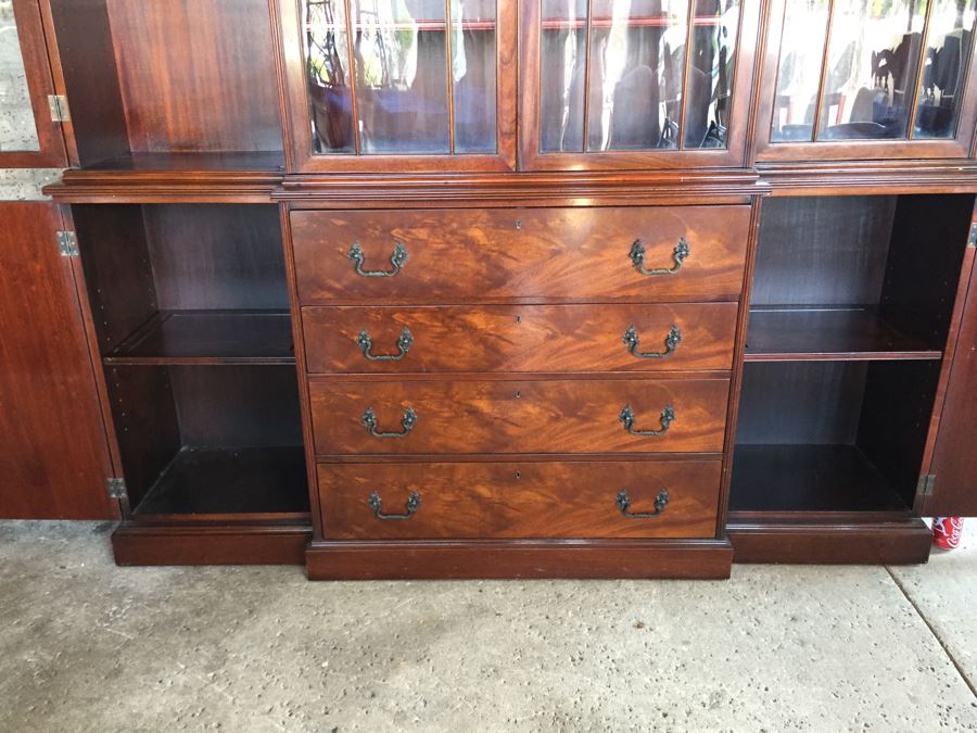 Stately Breakfront Bookcase With Bubble Glass Kaplan Furniture 'Beacon Hill Collection' With Pull Out Leather Top Secretary Desk [Photo 16]