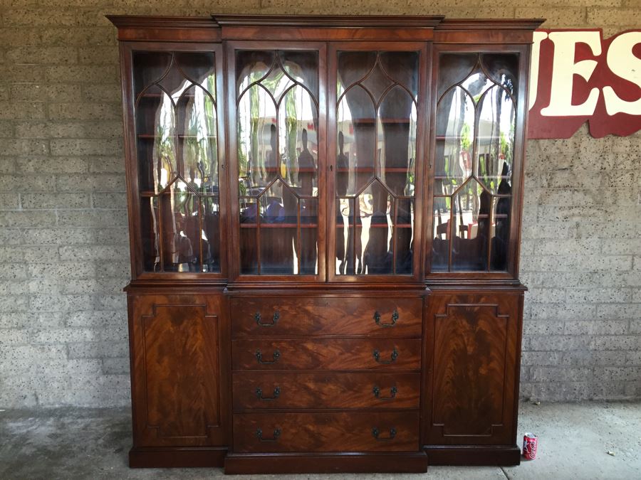 Stately Breakfront Bookcase With Bubble Glass Kaplan Furniture 'Beacon Hill Collection' With Pull Out Leather Top Secretary Desk
