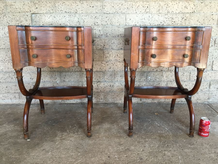 Exquisite Pair Of Wooden Serpentine Vintage Nightstands With Glass Tops