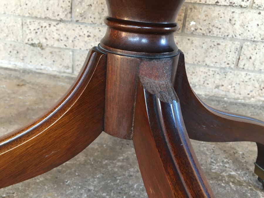 Vintage 2-Tier Wood And Brass Pedestal Table On Casters [Photo 10]