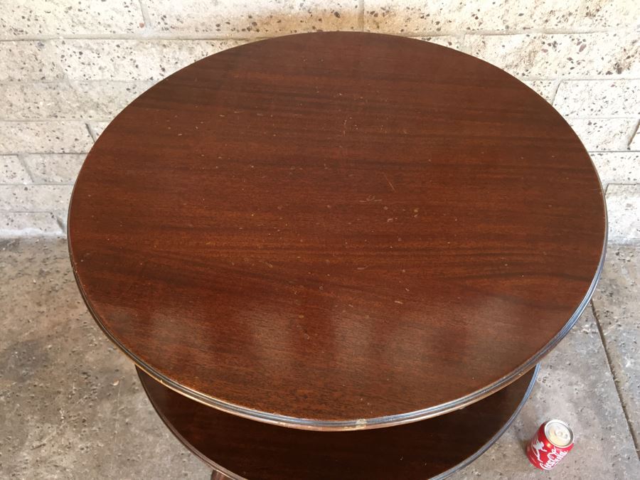 Vintage 2-Tier Wood And Brass Pedestal Table On Casters [Photo 4]