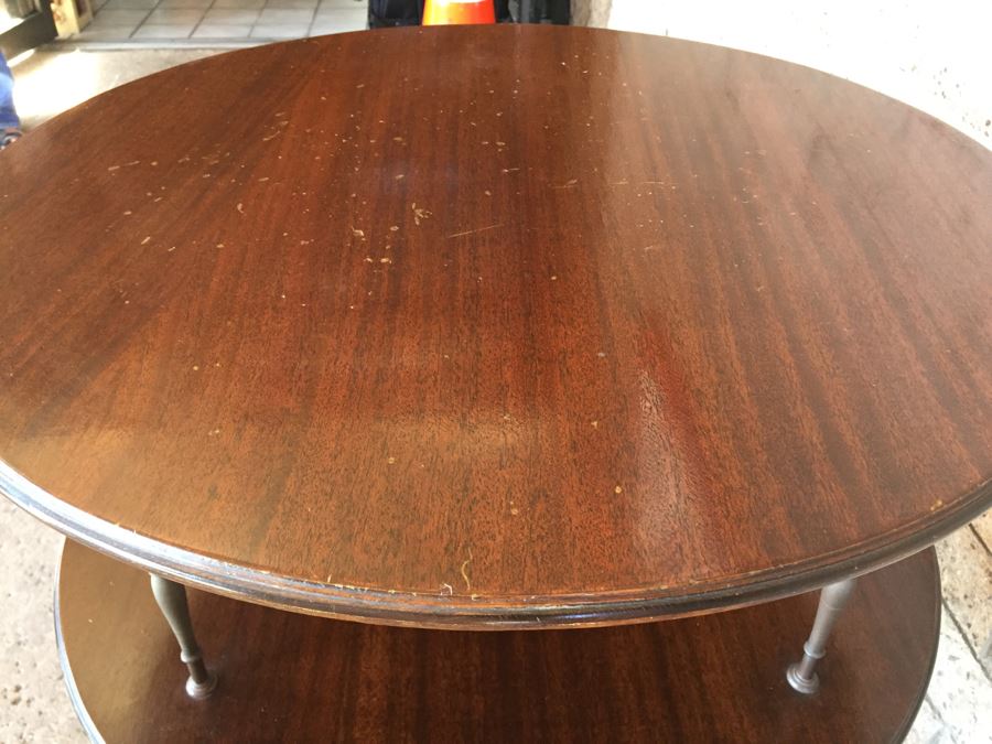 Vintage 2-Tier Wood And Brass Pedestal Table On Casters [Photo 6]