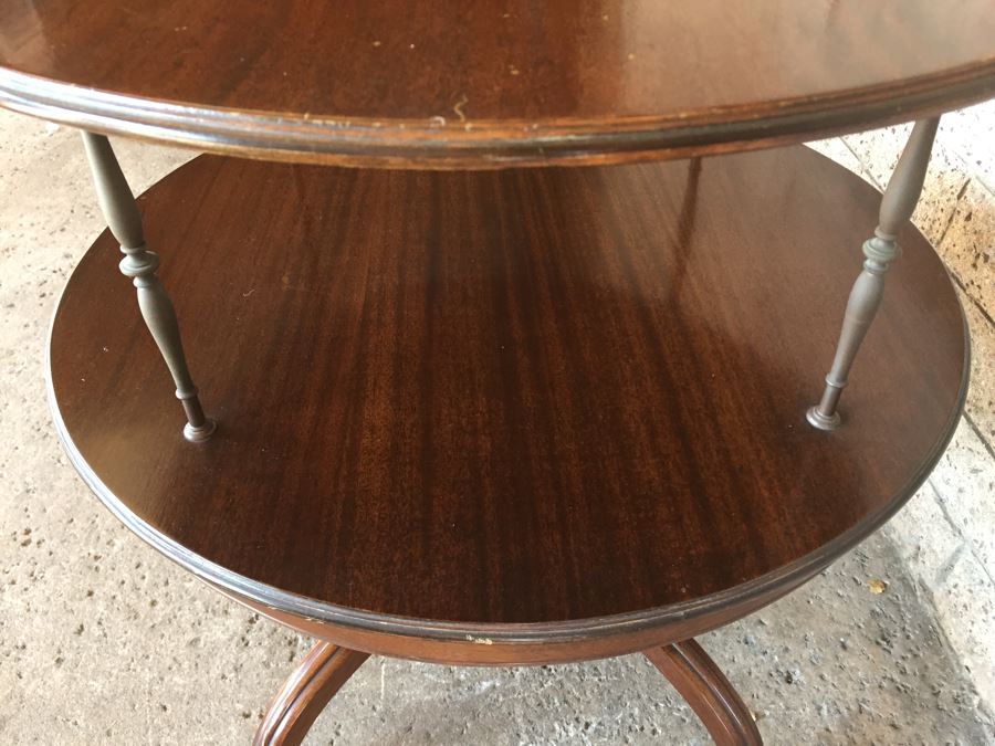 Vintage 2-Tier Wood And Brass Pedestal Table On Casters [Photo 7]