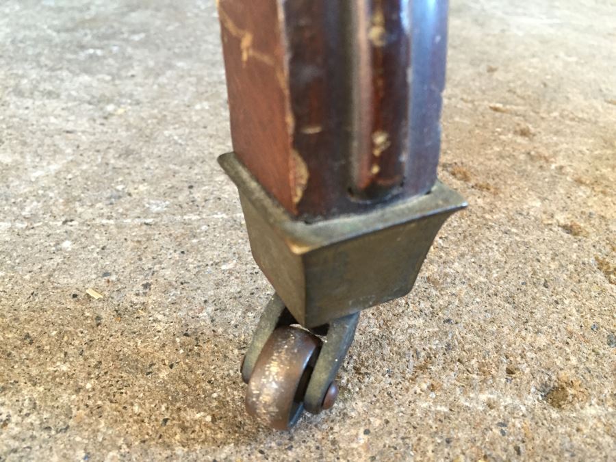 Vintage 2-Tier Wood And Brass Pedestal Table On Casters [Photo 11]