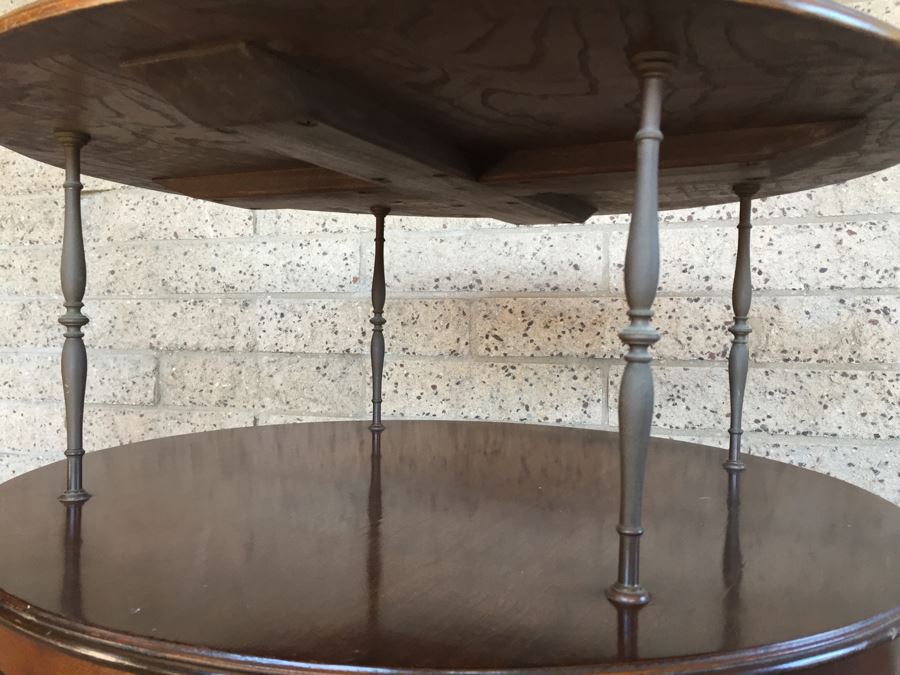 Vintage 2-Tier Wood And Brass Pedestal Table On Casters [Photo 12]