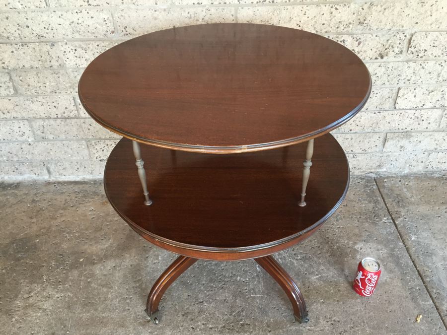 Vintage 2-Tier Wood And Brass Pedestal Table On Casters [Photo 3]